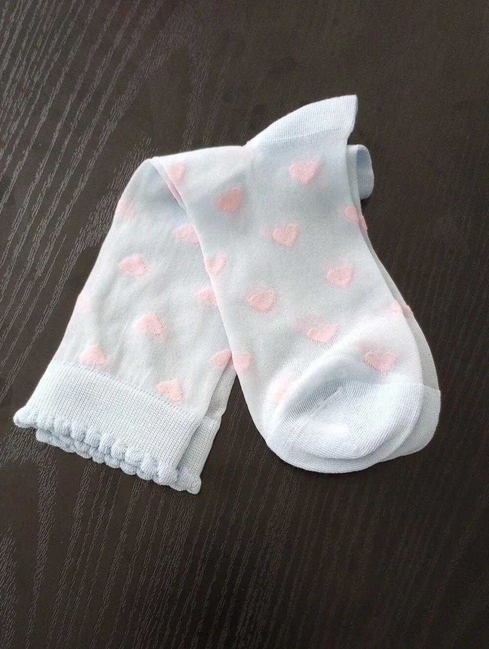 Pastel Blue Crew Mid-calf Sheer Socks with Pink Heart Pattern